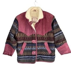 ADA Western Aztec Sherpa Lined Jacket Coat Boho‎ Southwestern Faux Suede Yoke M